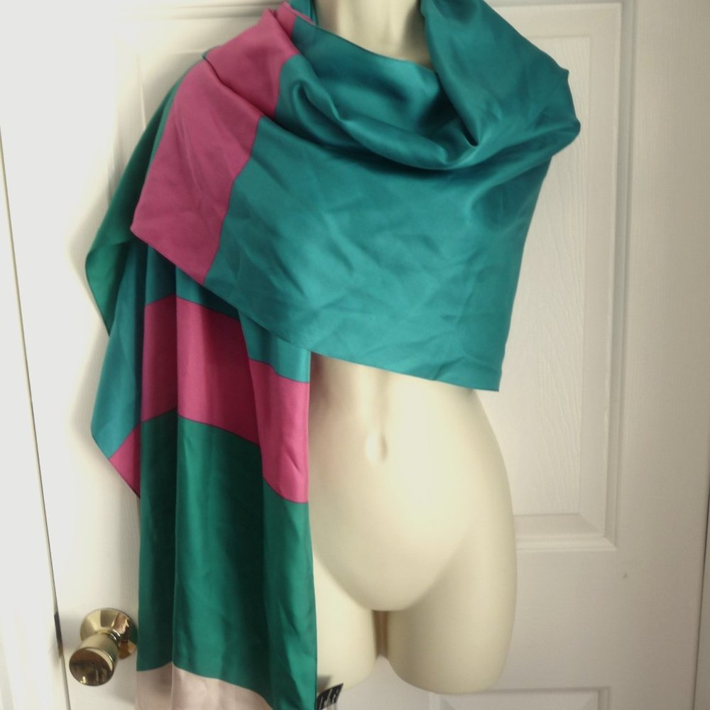 Ann Taylor NWT Scarf 100% Silk Colorful Color Block Huge Wrap 24"x72" Elegant